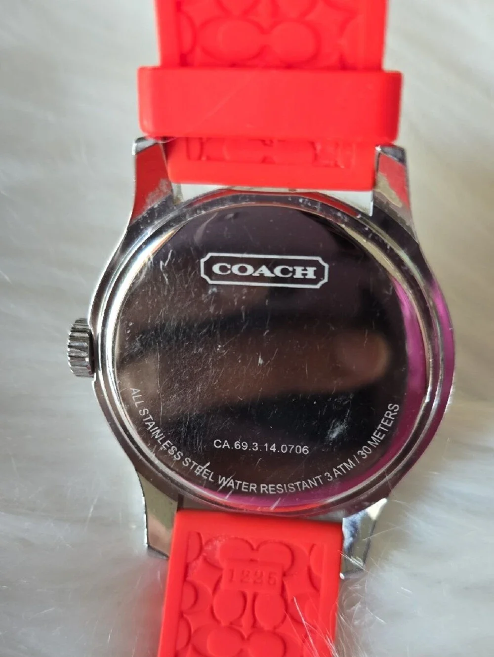 Coach Women's Silver Case Watch with Red Silicone Strap